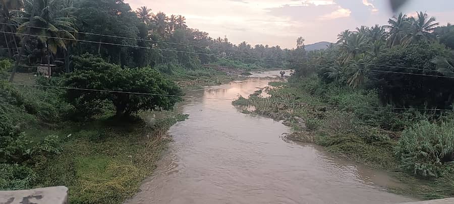 ರಾಮನಗರದಲ್ಲಿ ಅರ್ಕಾವತಿ ನದಿಯ ಹರಿವು ಬುಧವಾರ ಸ್ವಲ್ಪ ಇಳಿಕೆಯಾಗಿದ್ದು ಕಂಡುಬಂತು