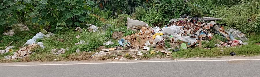 ಹಳೇಬೀಡಿನ ಬಿದುರುಕೆರೆ ಏರಿಯ ರಸ್ತೆ ಬದಿಯಲ್ಲಿ ಬಿದ್ದಿರುವ ತ್ಯಾಜ್ಯದ ರಾಶಿ