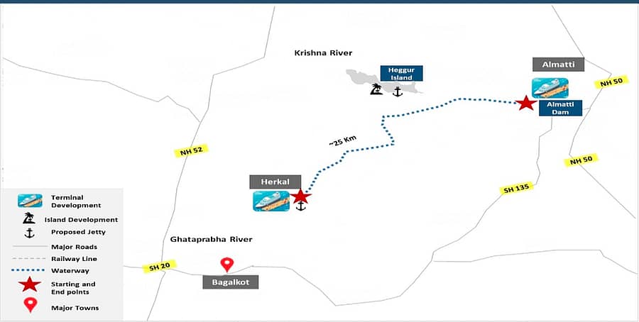 ಆಲಮಟ್ಟಿ-ಹೆರಕಲ್ ಮಧ್ಯದ ಜಲಮಾರ್ಗದ ನಕ್ಷೆ