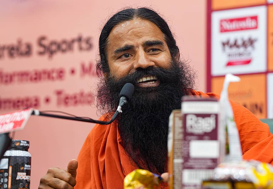 New Delhi: Yoga guru Baba Ramdev speaks during a press conference for the launch of Patanjali Foods Limited's Nutrela Sports range and other premium products, in New Delhi, Friday, June 16, 2023. (PTI Photo/Atul Yadav)(PTI06_16_2023_000077A)
