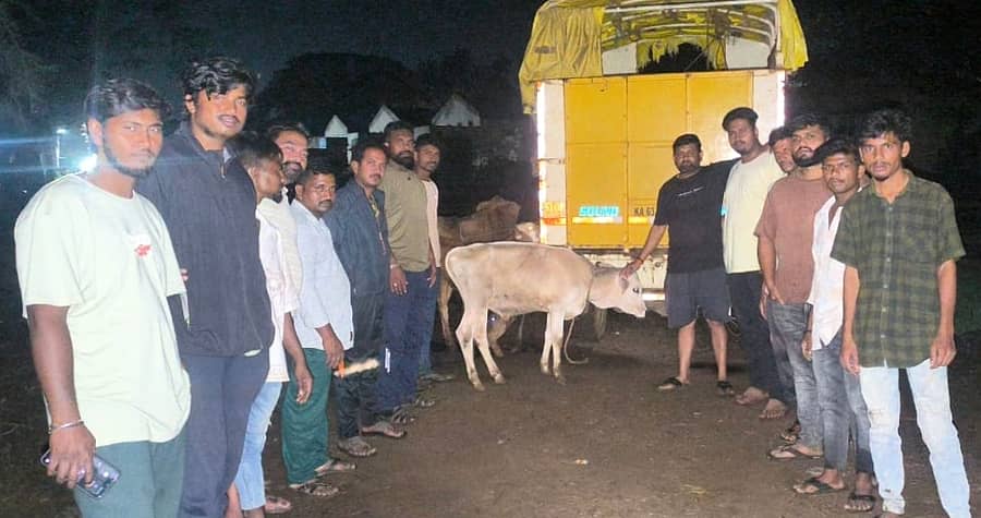 ಕಲಘಟಗಿ ಪಟ್ಟಣದ ಎಪಿಎಂಸಿಯಲ್ಲಿ ಟಾಟಾ ಎಸ್ ವಾಹನದಲ್ಲಿ ಜಾನುವಾರುಗಳನ್ನು ಸಾಗಿಸುತ್ತಿದ್ದ ವಾಹನವನ್ನು ಯುವಕರು ತಡೆದು ಜಾನುವಾರು ರಕ್ಷಿಸಿದರು