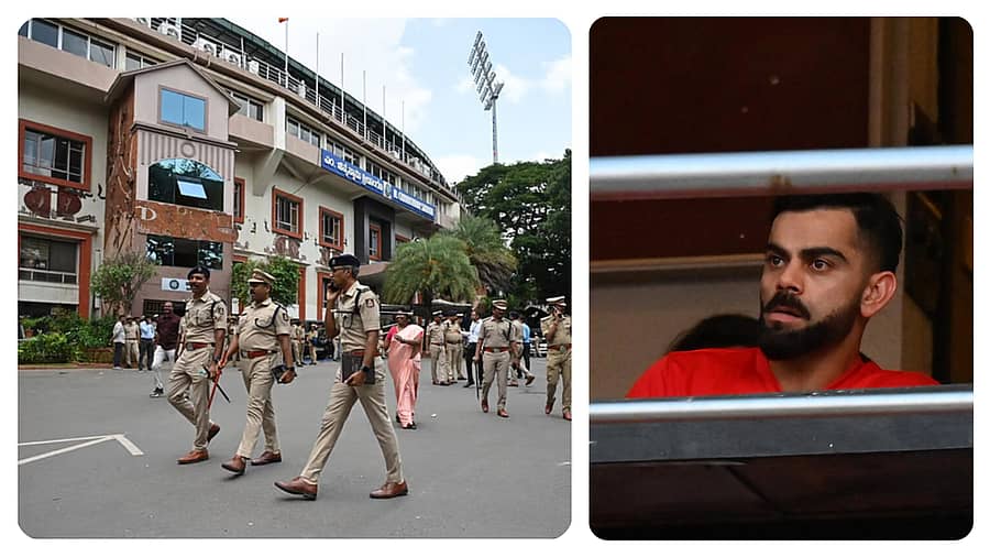 <div class="paragraphs"><p>ಚಿನ್ನಸ್ವಾಮಿ ಕ್ರೀಡಾಂಗಣದ ಹೊರಗೆ ಪೊಲೀಸರು ಹಾಗೂ ಸಂಭ್ರಮಾಚರಣೆ ವೇಳೆ ವಿರಾಟ್ ಕೊಹ್ಲಿ</p></div>