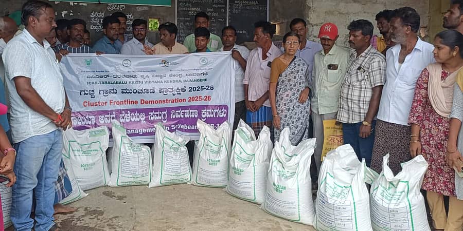 ಸಂತೇಬೆನ್ನೂರು ಸಮೀಪದ ನುಗ್ಗಿಹಳ್ಳಿ ಗ್ರಾಮದಲ್ಲಿ ಸೋಮವಾರ ರೈತ ಸಂಪರ್ಕ ಕೇಂದ್ರ ಹಾಗೂ ಐಸಿಎಆರ್ ತರಳಬಾಳು ಕೃಷಿ ವಿಜ್ಞಾನ ಕೇಂದ್ರದ ಸಂಯುಕ್ತ ಆಶ್ರಯದಲ್ಲಿ ಸೋಯಾಬೀನ್ ಸಮಗ್ರ ಬೆಳೆ ನಿರ್ವಹಣೆ ಮುಂಚೂಣಿ ಪ್ರಾತ್ಯಕ್ರಿಕೆ ತರಬೇತಿ ಕಾರ್ಯಕ್ರಮದಲ್ಲಿ 60 ಕೃಷಿಕರಿಗೆ ಬಿತ್ತನೆ ಬೀಜ ಹಾಗೂ ಟ್ರೈಕೋಡರ್ಮಾ ಔಷಧಿ ನೀಡಲಾಯಿತು.