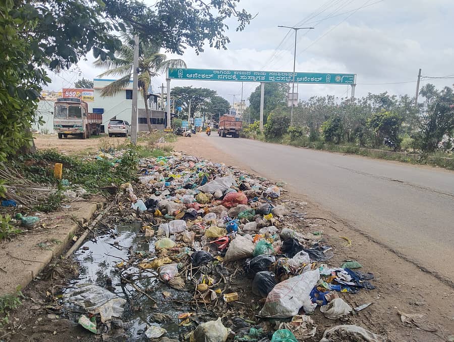 ಆನೇಕಲ್ ಪಟ್ಟಣಕ್ಕೆ ಸ್ವಾಗತ ಕೋರುವ ಸ್ವಾಗತ ಕಮಾನಿನ ಮುಂಭಾಗದಲ್ಲಿಯೇ ಸುರಿದಿರುವ ಕಸದ ರಾಶಿ