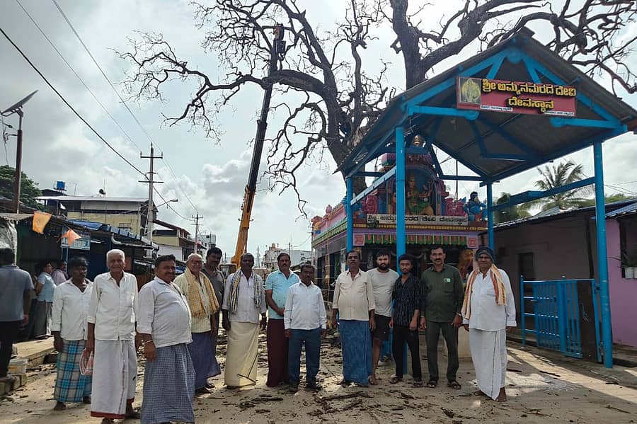ನ್ಯಾಮತಿ ಕುಂಬಾರ ಬೀದಿಯಲ್ಲಿದ್ದ ಅಮ್ಮನ ಮರದ ದೇವಿ ಎಂದೇ ಪ್ರಸಿದ್ಧಿಯಾಗಿದ್ದ ಬೇವಿನಮರ ಒಣಗಿದ್ದರಿಂದ ದೇವಸ್ಥಾನ ಸಮಿತಿಯವರು ಶುಕ್ರವಾರ ತೆರವುಗೊಳಿಸಿದರು 