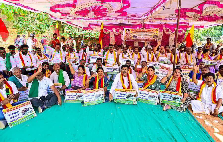 ಮೇಕೆದಾಟು ಯೋಜನೆ ಅನುಷ್ಠಾನಕ್ಕೆ ಆಗ್ರಹಿಸಿ ಕಸ್ತೂರಿ ಕರ್ನಾಟಕ ಜನಪರ ವೇದಿಕೆ ಸದಸ್ಯರು ಬುಧವಾರ ನಗರದ ಸ್ವಾತಂತ್ರ್ಯ ಉದ್ಯಾನದಲ್ಲಿ ಪ್ರತಿಭಟನೆ ನಡೆಸಿದರು
–ಪ್ರಜಾವಾಣಿ ಚಿತ್ರ