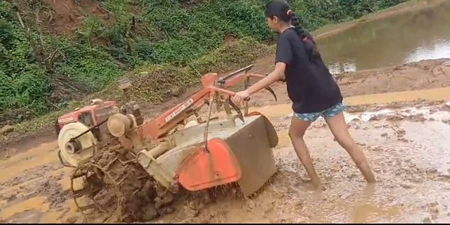 ನಾಪೋಕ್ಲು ಸಮೀಪದ ಮರಂದೋಡ ಗ್ರಾಮದ ರೈತ ಚೋಯಮಾಡಂಡ ಹರೀಶ್ ಮೊಣ್ಣಪ್ಪ ಅವರ ಪುತ್ರಿ ವರ್ಣ ಗುರುವಾರ ಟಿಲ್ಲರ್ ಮೂಲಕ ಗದ್ದೆ ಉಳುಮೆ ಮಾಡಿದರು