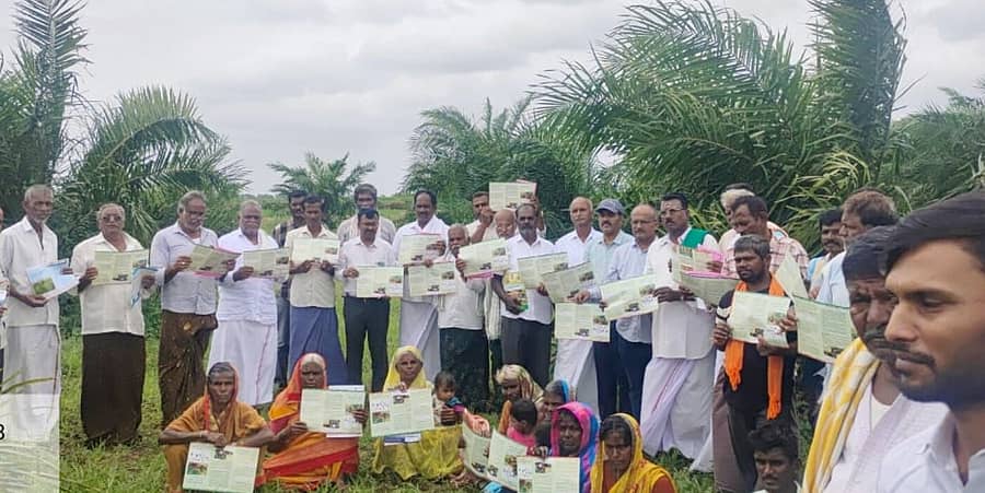 ಕಂಪ್ಲಿ ತಾಲ್ಲೂಕು ಸಣಾಪುರ ಗ್ರಾಮದಲ್ಲಿ ಶುಕ್ರವಾರ ನಡೆದ ತಾಳೆ ಬೆಳೆ ಯೋಜನೆಯ ತರಬೇತಿ ಕಾರ್ಯಕ್ರಮದಲ್ಲಿ ಭಾಗವಹಿಸಿದ್ದ ರೈತರು ತಾಳೆ ಬೆಳೆ ಯೋಜನೆಯ ಕರಪತ್ರಗಳನ್ನು ಪ್ರದರ್ಶಿಸಿದರು 
