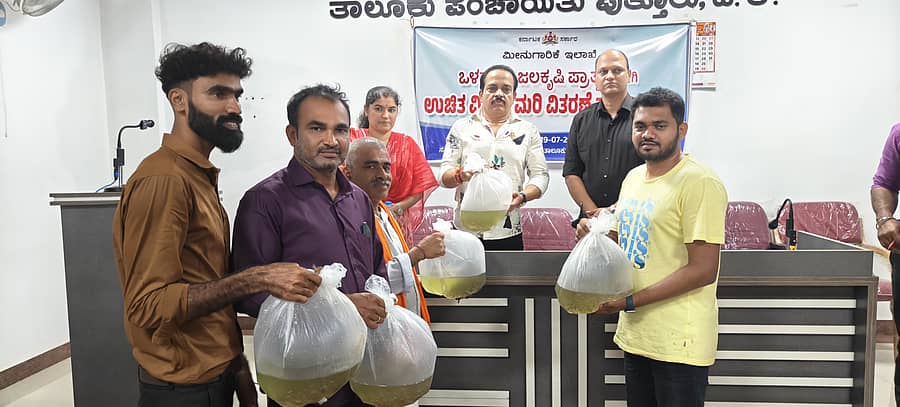 ಒಳನಾಡು ಜಲಕೃಷಿ ಪ್ರಾತ್ಯಕ್ಷಿಕೆಗಾಗಿ ಮೀನುಗಾರಿಕಾ ಇಲಾಖೆಯಿಂದ ನೀಡಲಾದ ಉಚಿತ ಮೀನು ಮರಿಗಳನ್ನು ಶಾಸಕ ಅಶೋಕ್‌ಕುಮಾರ್ ರೈ ಅವರು ಶನಿವಾರ ಪುತ್ತೂರು ತಾಲ್ಲೂಕು ಪಂಚಾಯಿತಿ ಸಭಾಂಗಣದಲ್ಲಿ ಫಲಾನುಭವಿಗಳಿಗೆ ವಿತರಿಸಿದರು