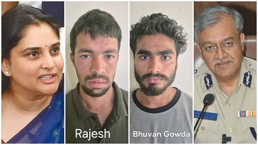 <div class="paragraphs"><p>ನಟಿ ರಮ್ಯ, ಆರೋಪಿಗಳಾದ ರಾಜೇಶ್, ಭುವನ್, ಪೊಲೀಸ್ ಕಮಿಷನರ್ ಸೀಮಂತ್ ಕುಮಾರ್ ಸಿಂಗ್</p></div>