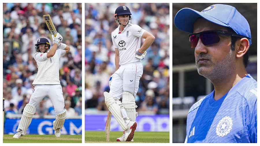 <div class="paragraphs"><p>ಜೋ ರೂಟ್, ಹ್ಯಾರಿ ಬ್ರೂಕ್ ಹಾಗೂ ಗೌತಮ್ ಗಂಭಿರ್</p></div>