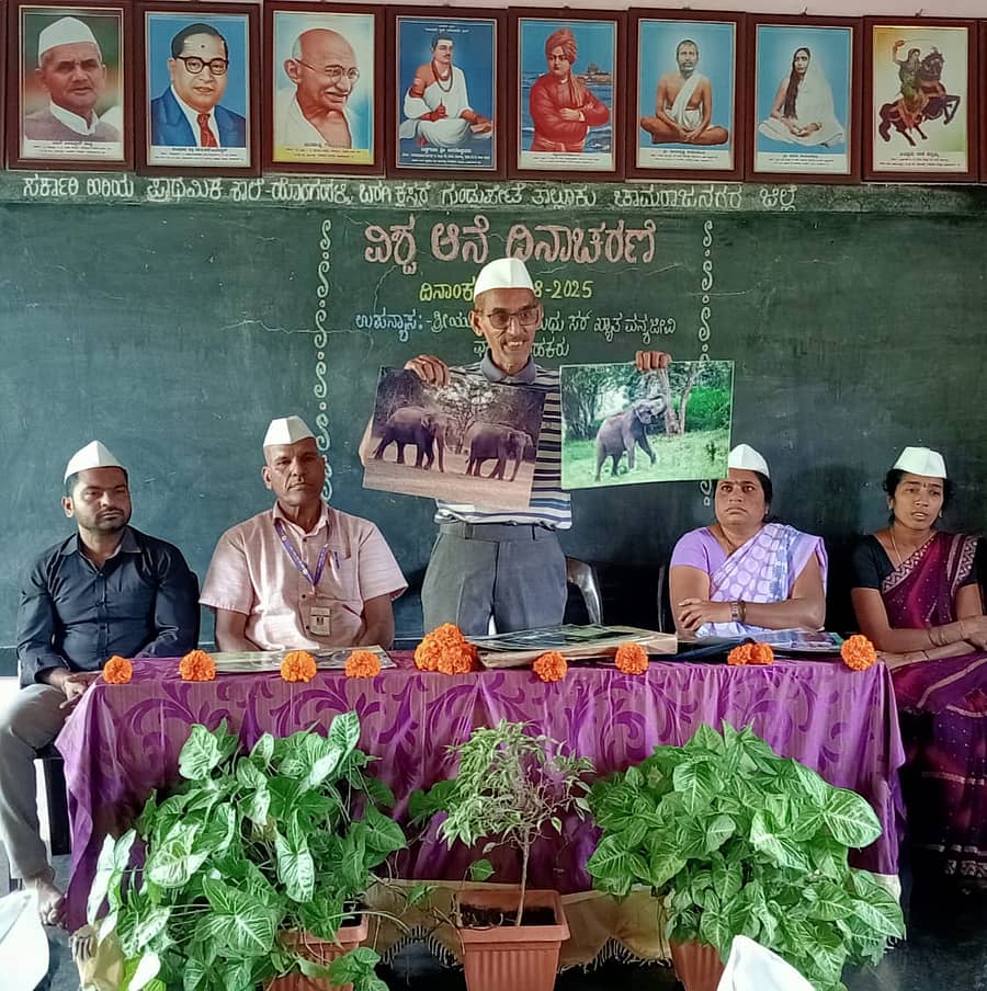 ಗುಂಡ್ಲುಪೇಟೆ ತಾಲ್ಲೂಕಿನ ಪರಿಸರ ಮಿತ್ರ ಹೊಂಗಹಳ್ಳಿ ಸರ್ಕಾರಿ ಹಿರಿಯ ಪ್ರಾಥಮಿಕ ಶಾಲೆಯಲ್ಲಿ ನಡೆದ ವಿಶ್ವ ಆನೆ ದಿನಾಚರಣೆ ಕಾರ್ಯಕ್ರಮದಲ್ಲಿ ವನ್ಯಜೀವಿ ಛಾಯಾಗ್ರಾಹಕ ಆರ್.ಕೆ.ಮಧು ಮಾತನಾಡಿದರು