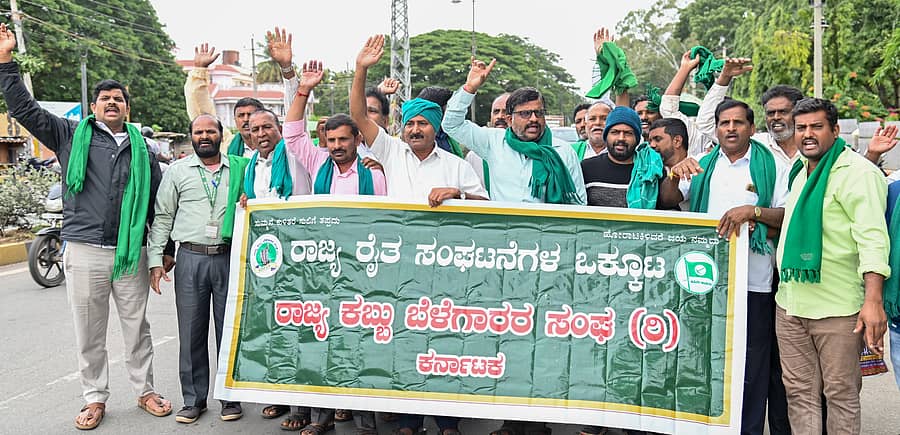 <div class="paragraphs"><p>ಮೈಸೂರಿನ ಜಿಲ್ಲಾಧಿಕಾರಿ ಕಚೇರಿ ಬಳಿ ಕಬ್ಬು ಬೆಳೆಗಾರರ ಸಮಸ್ಯೆ ಬಗೆಹರಿಸುವಂತೆ ಒತ್ತಾಯಿಸಿ ರಾಜ್ಯ ರೈತ ಸಂಘಟನೆಗಳ ಒಕ್ಕೂಟ ಹಾಗೂ ರಾಜ್ಯ ಕಬ್ಬು ಬೆಳೆಗಾರರ ಸಂಘದ ಸದಸ್ಯರು ಮಂಗಳವಾರ ಪ್ರತಿಭಟಿಸಿದರು</p></div>