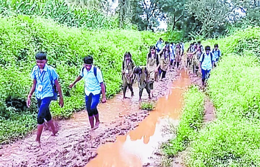 <div class="paragraphs"><p>ಹರಪನಹಳ್ಳಿ ತಾಲ್ಲೂಕು ಮಾದಾಪುರ ಗ್ರಾಮದ ವಿದ್ಯಾರ್ಥಿಗಳು ಗದ್ದೆಯಾಗಿರುವ ರಸ್ತೆಯಲ್ಲಿ ಸಂಚರಿಸುತ್ತಿರುವುದು.</p></div>