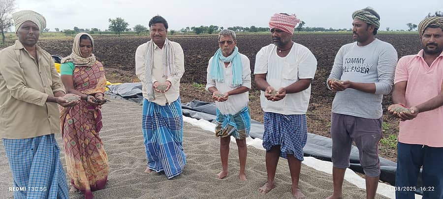 ಲಕ್ಷ್ಮೇಶ್ವರ ತಾಲ್ಲೂಕಿನ ಗೊಜನೂರು ಗ್ರಾಮದಲ್ಲಿ ಅತೀವೃಷ್ಟಿಗೆ ಹಾಳಾದ ಹೆಸರು ಬೆಳೆಯನ್ನು ತೋರಿಸುತ್ತಿರುವ ರೈತರು