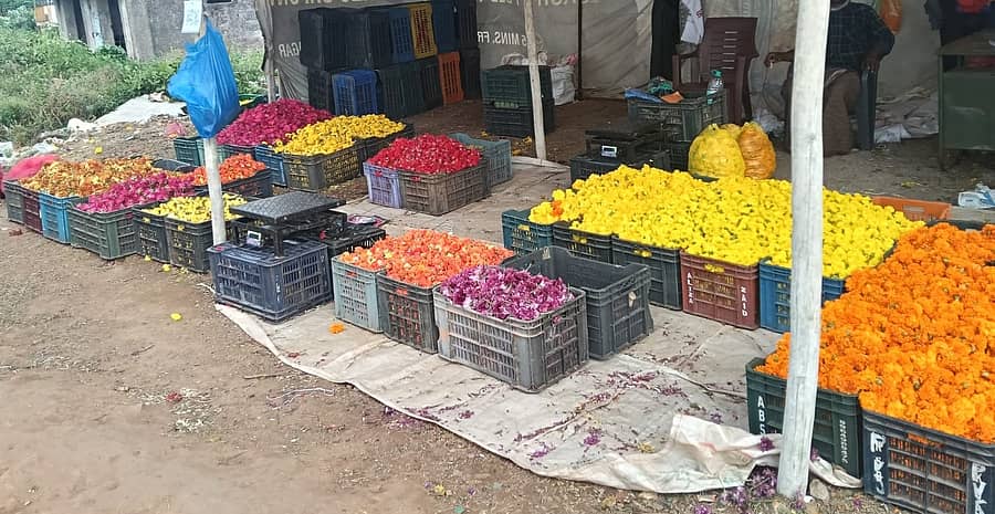 ಕೇರಳಕ್ಕೆ ಸಂಪರ್ಕ ಕಲ್ಪಿಸುವ ಸುಲ್ತಾನ್ ಬತ್ತೇರಿ ರಸ್ತೆಯಲ್ಲಿ ಹೂ ಮಾರಾಟಕ್ಕೆ ಇಟ್ಟಿರುವ ತಾಲ್ಲೂಕಿನ ಬೆಳೆಗಾರರು