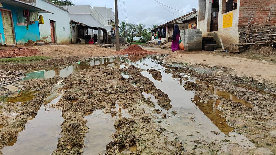 ಹಾವೇರಿ ಜಿಲ್ಲೆಯ ಸವಣೂರು ತಾಲ್ಲೂಕಿನ ನದಿ ನೀರಲಗಿ ಗ್ರಾಮದ ಪರಿಶಿಷ್ಟ ಸಮುದಾಯದವರು ವಾಸವಿರುವ ಪ್ರದೇಶದಲ್ಲಿ ರಸ್ತೆಗಳು ಕೆಸರುಮಯವಾಗಿರುವುದು – ಪ್ರಜಾವಾಣಿ ಚಿತ್ರ / ಮಾಲತೇಶ ಇಚ್ಚಂಗಿ