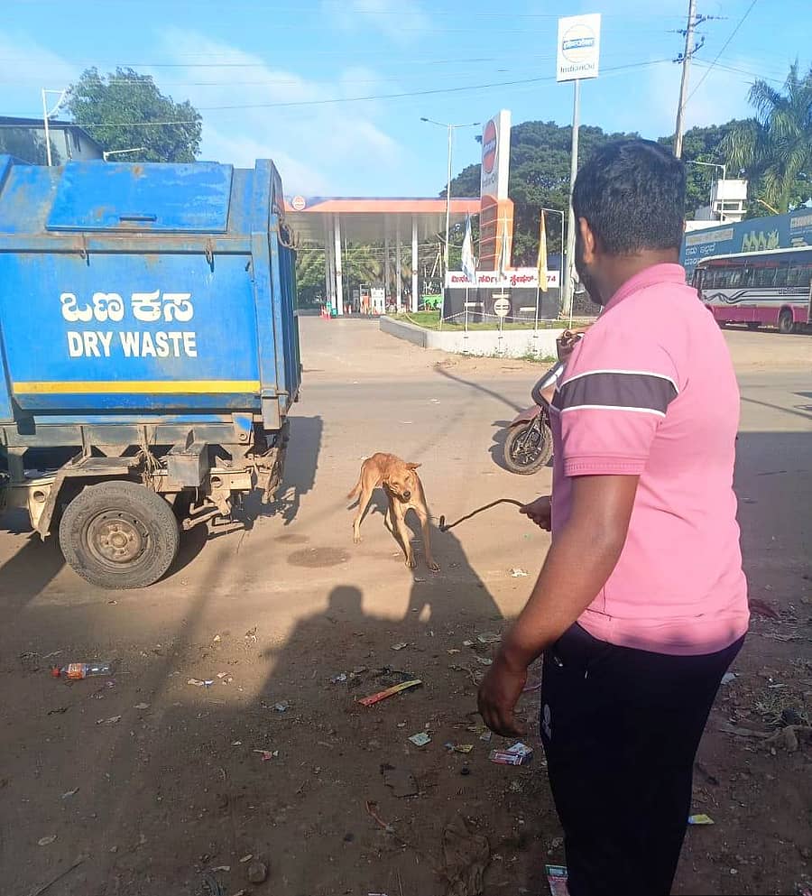 4ಇಪಿ ಹೊನ್ನಾಳಿಯಲ್ಲಿ ಪುರಸಭೆ ಸಿಬ್ಬಂದಿಯೊಬ್ಬರು ಜನರಿಗೆ ಕಚ್ಚಿದ ಸಾಮಾನ್ಯ ನಾಯಿಯೊಂದನ್ನು ಸೆರೆಹಿಡಿದಿರುವುದು.  