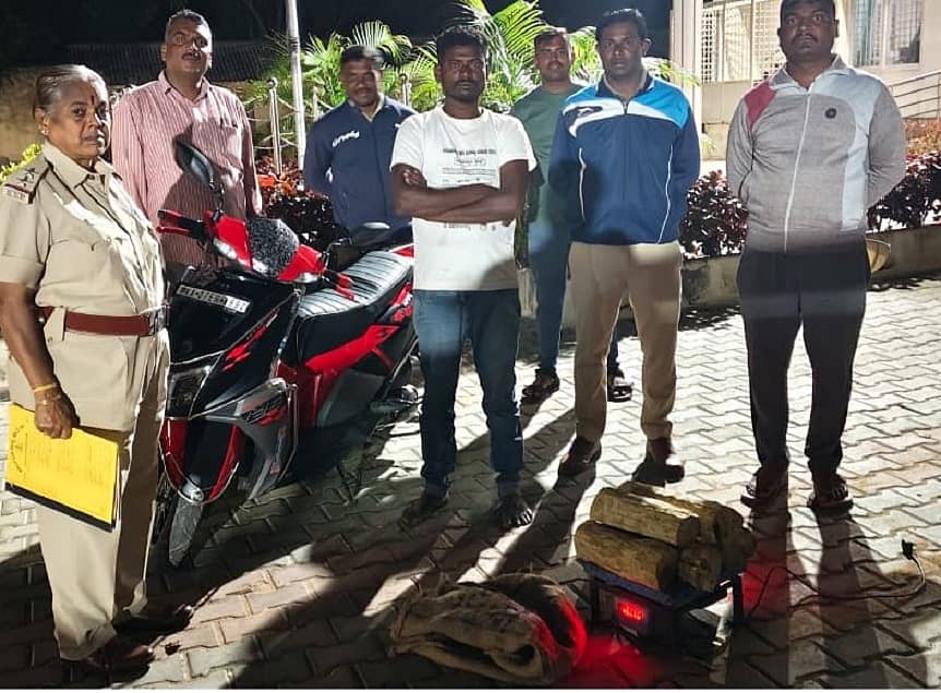 ಪೊಲೀಸರು ಆರೋಪಿ ಹಾಗೂ ಶ್ರೀಗಂಧದ ತುಂಡುಗಳನ್ನು ವಶಕ್ಕೆ ಪಡೆದಿದ್ದಾರೆ