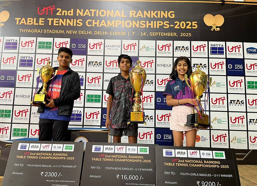 ಪ್ರಶಸ್ತಿಯೊಂದಿಗೆ (ಎಡದಿಂದ) ಶರ್ವಿಲ್ ಕರಂಬ್ಳೆಕರ, ಎಂ. ಸಿದ್ಧಾಂತ್ ಹಾಗೂ ಸಾಕ್ಷ್ಯಾ ಸಂತೋಷ್