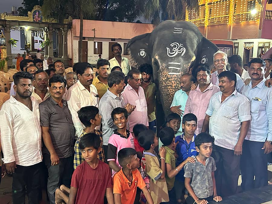 <div class="paragraphs"><p>ಹೊನ್ನಾಳಿಯ ಮಠದಲ್ಲಿರುವ ಆನೆಯೊಂದಿಗೆ ಮಾಜಿ ಸಚಿವ ರೇಣುಕಾಚಾರ್ಯ ಮುಖಂಡ ಎಚ್.ಎ.ಉಮಾಪತಿ ಹಾಗೂ ಭಕ್ತರು</p></div>