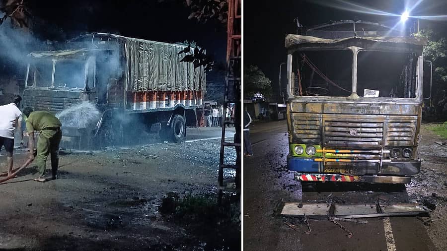 <div class="paragraphs"><p>ಗೋಮಾಂಸ ಸಾಗಿಸುತ್ತಿದ್ದ ವಾಹನಕ್ಕೆ ಬೆಂಕಿ </p></div>