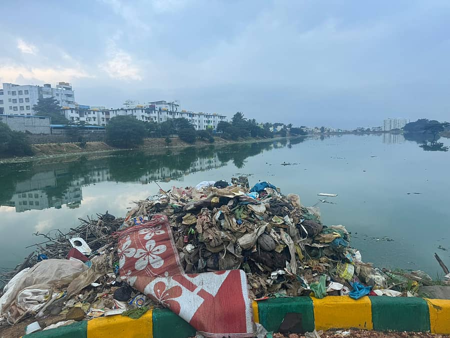 ಕೆರೆಯ ಒಡಲಿಗೆ ತ್ಯಾಜ್ಯ ಸುರಿದಿರುವುದು.