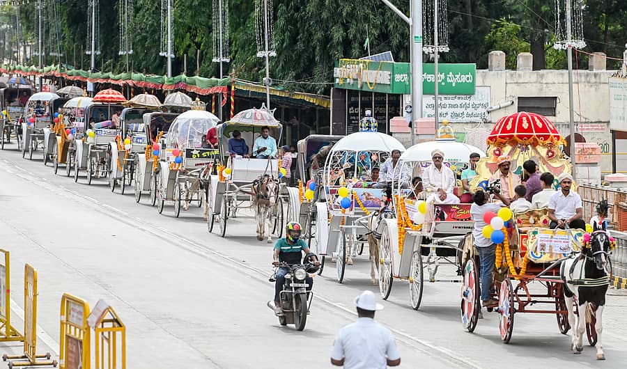 ಮೈಸೂರಿನ ಪುರಾತತ್ವ ಸಂಗ್ರಹಾಲಯಗಳು ಮತ್ತು ಪರಂಪರೆ ಇಲಾಖೆ ಹಾಗೂ ಪ್ರವಾಸೋಧ್ಯಮ ಇಲಾಖೆ ದಸರಾ ಮಹೋತ್ಸವದ ಅಂಗವಾಗಿ ಆಯೋಜಿಸಿದ್ದ ಪಾರಂಪರಿಕ ಟಾಂಗಾ ಗಾಡಿ ಸವಾರಿಯಲ್ಲಿ ದಂಪತಿಗಳು ಭಾಗವಹಿಸಿದರು– ಪ್ರಜಾವಾಣಿ ಚಿತ್ರ/ಅನೂಪ್ ರಾಘ .ಟಿ.