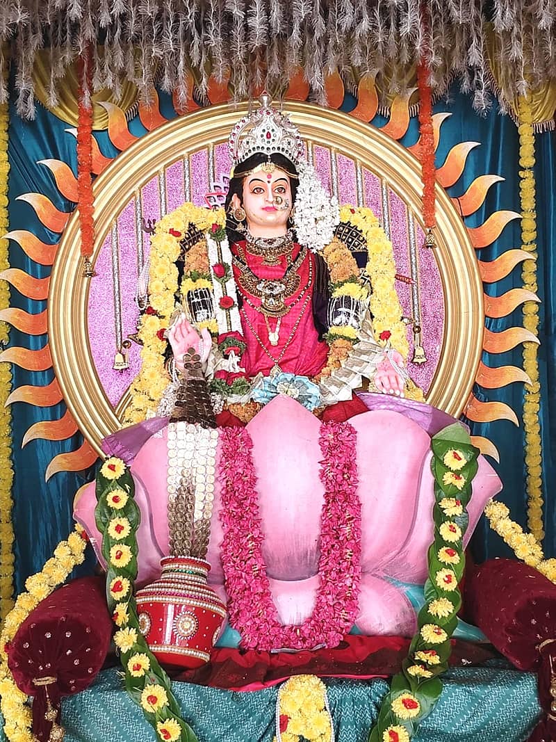 ನರಸಿಂಹರಾಜಪುರದ ಶರನ್ನವರಾತ್ರಿ ಸೇವಾ ಸಮಿತಿಯಿಂದ ವಿದ್ಯಾಗಣಪತಿ ಪೆಂಡಾಲ್ ನಲ್ಲಿ ಪ್ರತಿಷ್ಠಾಪಿರುವ ದೇವಿಗೆ ಭಾನುವಾರ ಧನಲಕ್ಷ್ಮಿ ಅಲಂಕಾರ ಮಾಡಲಾಗಿತ್ತು