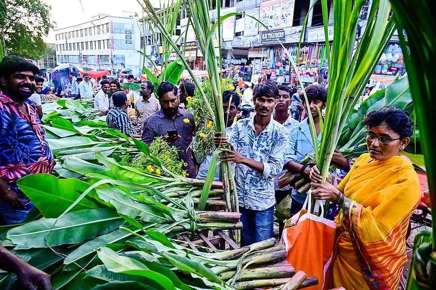 ಕಲಬುರಗಿಯ ಮಾರುಕಟ್ಟೆಯಲ್ಲಿ ಆಯುಧ ಪೂಜೆ ಅಂಗವಾಗಿ ಮಂಗಳವಾರ ಗ್ರಾಹಕರು ಕಬ್ಬು ಮತ್ತು ಬಾಳೆದಿಂಡು ಖದೀದಿಸಿದರು      ಪ್ರಜಾವಾಣಿ ಚಿತ್ರ
