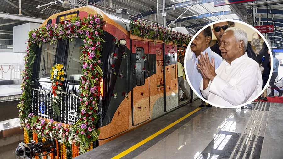 <div class="paragraphs"><p>ಬಿಹಾರದ 'ಪಟ್ನಾ ಮೆಟ್ರೊ' ರೈಲು ಯೋಜನೆಗೆ ಚಾಲನೆ. ಒಳಚಿತ್ರದಲ್ಲಿ ಮುಖ್ಯಮಂತ್ರಿ ನಿತೀಶ್‌ ಕುಮಾರ್‌</p></div>