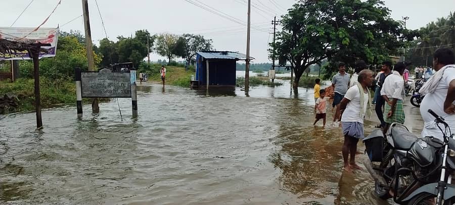 ಹರಪನಹಳ್ಳಿ ತಾಲ್ಲೂಕು ಪುಣಬಗಟ್ಟಿ ಗ್ರಾಮದ ಕೆರೆ ಕೋಡಿ ಬಿದ್ದಿರುವುದು, ಇದರಿಂದ 200 ಎಕರೆಯಷ್ಟು ಭತ್ತದ ಬೆಳೆ ನಾಶವಾಗಿದೆ –ಪ್ರಜಾವಾಣಿ ಚಿತ್ರ