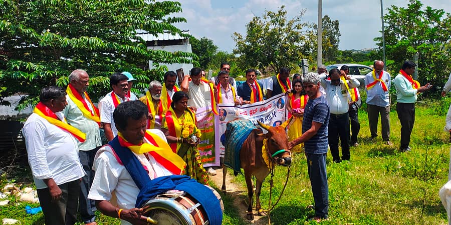 ಕೆಜಿಎಫ್‌ ತಾಲ್ಲೂಕು ಕಾವೇರಹಳ್ಳಿಯಲ್ಲಿ ಶನಿವಾರ ನಡೆದ ಗಡಿನಾಡ ಉತ್ಸವದ ಮೆರವಣಿಗೆ