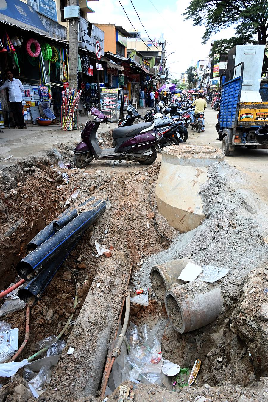 ನೀಲಸಂದ್ರ ಇನ್ಫ್ಯಾಂಟ್‌ ಚರ್ಚ್‌ನ ಬಜಾರ್‌ ರಸ್ತೆಯಲ್ಲಿ ತೋಡಿರುವ ಗುಂಡಿ
ಪ್ರಜಾವಾಣಿ ಚಿತ್ರ: ಕಿಶೋರ್ ಕುಮಾರ್ ಬೋಳಾರ್