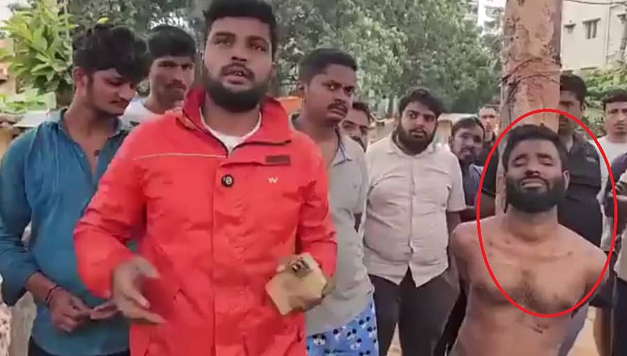 ಆರೋಪಿಗೆ ಥಳಿಸಿ ಕಂಬಕ್ಕೆ ಕಟ್ಟಿ ಹಾಕಿರುವ ದೃಶ್ಯ