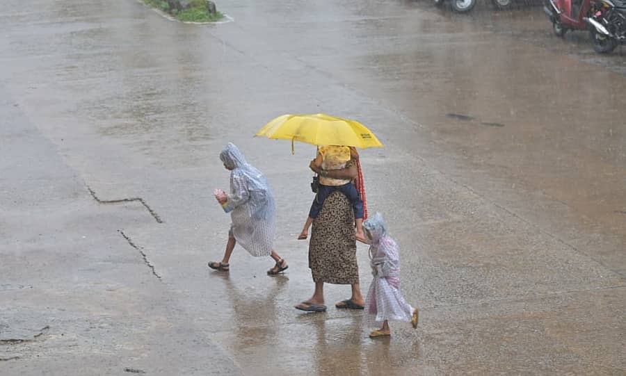 ಕಾರವಾರದಲ್ಲಿ ಬಿರುಸಿನ ಮಳೆಯ ನಡುವೆ ಮಹಿಳೆಯೊಬ್ಬರು ಕೊಡೆ ಹಿಡಿದುಕೊಂಡು ಪುಟ್ಟ ಮಕ್ಕಳೊಂದಿಗೆ ರಸ್ತೆ ದಾಟಿದರು.