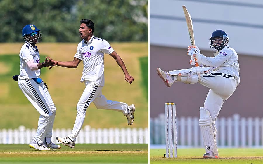 <div class="paragraphs"><p>ಬೆಂಗಳೂರಿನ ಬಿಸಿಸಿಐ ಸಿಒಇ ಕ್ರೀಡಾಂಗಣದಲ್ಲಿ ನಡೆಯುತ್ತಿರುವ ದಕ್ಷಿಣ ಆಫ್ರಿಕಾ ಎ ವಿರುದ್ಧದ 'ಟೆಸ್ಟ್" ಪಂದ್ಯದಲ್ಲಿ ಭಾರತ ಎ ತಂಡದ ತನುಶ್ ಕೋಟ್ಯಾನ್ ಬೌಲಿಂಗ್‌ (ಎಡ)&nbsp; ರಿಷಭ್ ಪಂತ್ ಬ್ಯಾಟಿಂಗ್‌ </p></div>