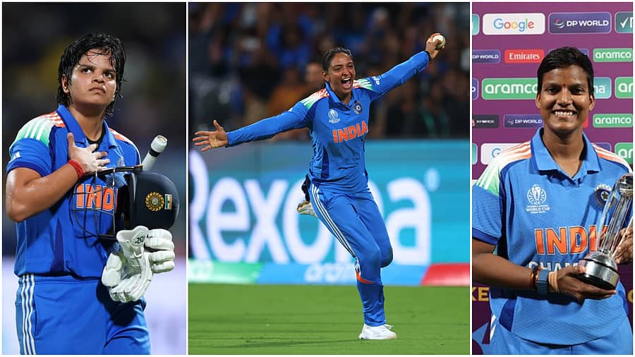 <div class="paragraphs"><p>ಶಫಾಲಿ ವರ್ಮಾ, ಹರ್ಮನ್‌ಪ್ರೀತ್ ಕೌರ್, ದೀಪ್ತಿ ಶರ್ಮಾ</p></div>