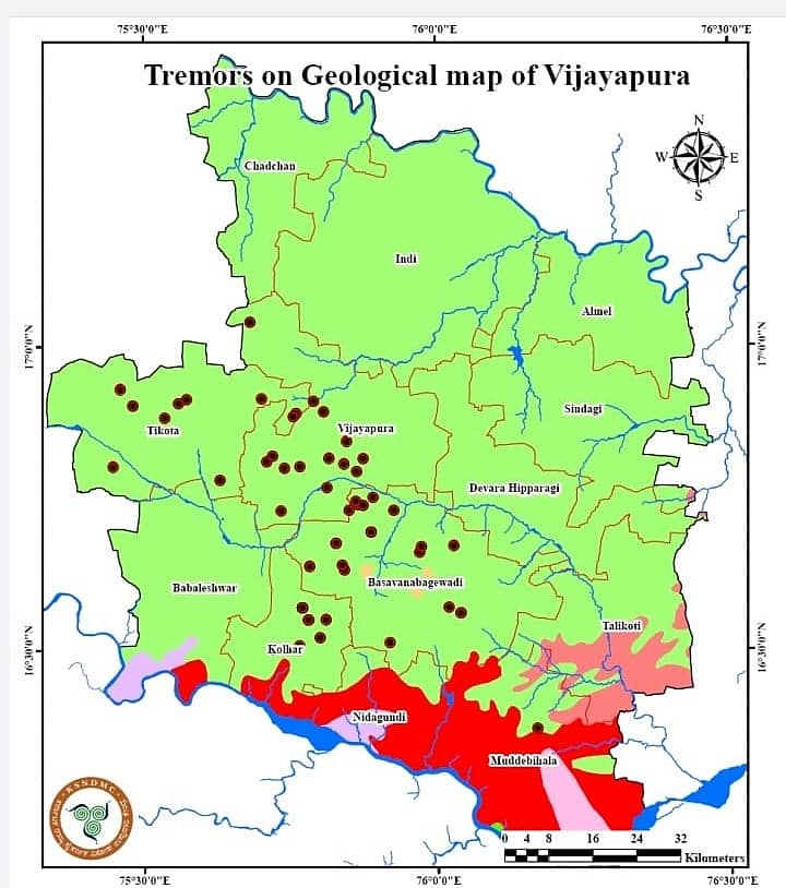 ವಿಜಯಪುರ ಜಿಲ್ಲೆಯಲ್ಲಿ ಸಂಭವಿಸಿರುವ ಭೂಕಂಪನದ ಕೇಂದ್ರ ಬಿಂದುಗಳು (ಆಧಾರ: ಕರ್ನಾಟಕ ನೈಸರ್ಗಿಕ ವಿಕೋಪ ನಿರ್ವಹಣ ಕೇಂದ್ರ)