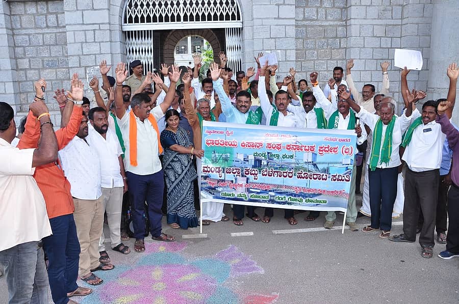 ಕಬ್ಬು ಬೆಳೆಗಾರರು ಸಂಕಷ್ಟದಲ್ಲಿದ್ದು ಪ್ರತಿ ಟನ್ ಕಬ್ಬಿಗೆ ₹3,500 ಬೆಂಬಲ ಬೆಲೆ ನೀಡಬೇಕೆಂದು ಆಗ್ರಹಿಸಿ ಭಾರತೀಯ ಕಿಸಾನ್ ಸಂಘದ(ದಕ್ಷಿಣ ಪ್ರಾಂತ) ಕಾರ್ಯಕರ್ತರು ಮಂಡ್ಯ ಜಿಲ್ಲಾಧಿಕಾರಿ ಕಚೇರಿ ಎದುರು ಪ್ರತಿಭಟನೆ ನಡೆಸಿದರು