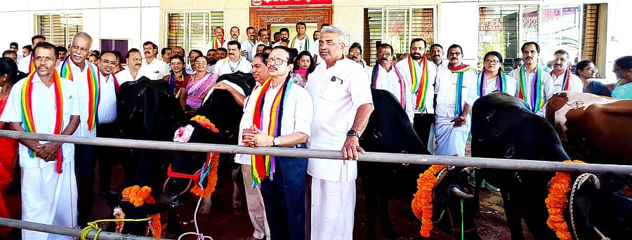 ಕೋಟ ಸಹಕಾರಿ ವ್ಯವಸಾಯಕ ಸಂಘದ ವಿನೂತನ ಕ್ಷೀರ ಸಂಜೀವಿನಿ ಯೋಜನೆಯಲ್ಲಿ ಕೆ.ಎಂ.ಎಫ್ ಅಧ್ಯಕ್ಷ ಕೊಡವೂರು ರವಿರಾಜ ಹೆಗ್ಡೆ ಆಯ್ದ ಫಲಾನುಭವಿಗಳಿಗೆ ರಾಸುಗಳನ್ನು ಹಸ್ತಾಂತರಿಸಿದರು.