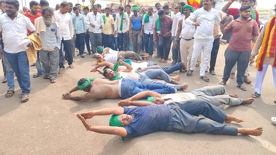 ಅಥಣಿಯಲ್ಲಿ ರೈತರು ಸರ್ಕಾರದ ವಿರುದ್ಧ ಪ್ರತಿಭಟನೆ ವೇಳೆ ಉರುಳು ಸೇವೆ ಮಾಡಿದರು