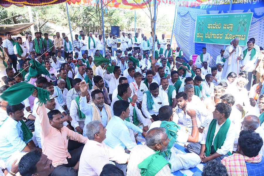 ಪ್ರತಿ ಟನ್ ಕಬ್ಬಿಗೆ ₹ 3,300 ದರ ನೀಡಬೇಕು ಎಂದು ಆಗ್ರಹಿಸಿ ಹಾವೇರಿಯ ಮೈಲಾರ ಮಹದೇವಪ್ಪ ವೃತ್ತದಲ್ಲಿ ಸೋಮವಾರದಿಂದ ಆರಂಭಿಸಿರುವ ಧರಣಿಯಲ್ಲಿ ಪಾಲ್ಗೊಂಡಿದ್ದ ಕಬ್ಬು ಬೆಳೆಗಾರರು