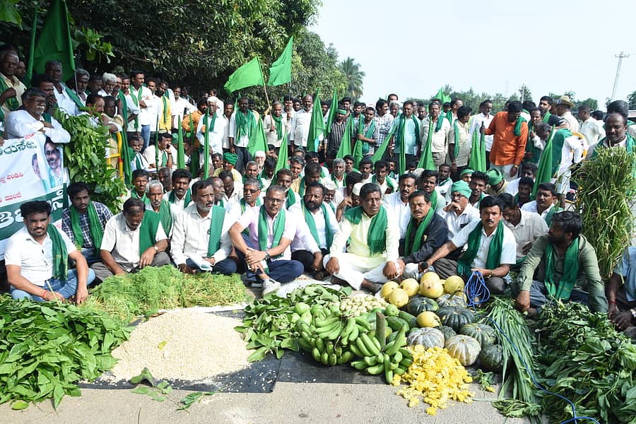 ವಿವಿಧ ಬೇಡಿಕೆಗಳನ್ನು ಈಡೇರಿಸುವಂತೆ ಆಗ್ರಹಿಸಿ ಚಿಕ್ಕಬಳ್ಳಾಪುರ ಜಿಲ್ಲಾಡಳಿತ ಭವನದ ಎದುರು ರೈತ ಸಂಘದ ಕಾರ್ಯಕರ್ತರು ಪ್ರತಿಭಟಿಸಿದರು