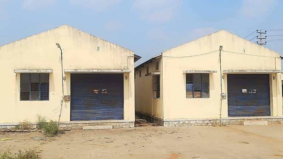 ಗುಂಡ್ಲುಪೇಟೆ ಪಟ್ಟಣದ ಎಪಿಎಂಸಿ ಆವರಣದಲ್ಲಿ ಸೂರ್ಯಕಾಂತಿ ಖರೀದಿ ಕೇಂದ್ರದ ದಾಸ್ತಾನು ಮಳಿಗೆ ಬಾಗಿಲು ಮುಚ್ಚಿರುವುದು.