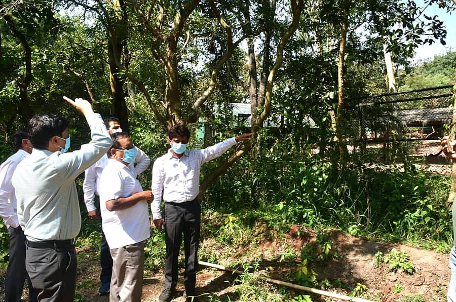 ಬೆಳಗಾವಿ ತಾಲ್ಲೂಕಿನ ಭೂತರಾಮನಹಟ್ಟಿಯ ರಾಣಿ ಚನ್ನಮ್ಮ ಕಿರು ಮೃಗಾಲಯಕ್ಕೆ ಕರ್ನಾಟಕ ಮೃಗಾಲಯದ ಪ್ರಾಧಿಕಾರದ ಅಧ್ಯಕ್ಷ ಕೆ.ರಂಗಸ್ವಾಮಿ ಸೋಮವಾರ ಭೇಟಿ ಕೊಟ್ಟು, ಕೃಷ್ಣಮೃಗಗಳ ಸಾವಿನ ಕುರಿತು ಅಧಿಕಾರಿಗಳಿಂದ ಮಾಹಿತಿ ಪಡೆದರು ಪ್ರಜಾವಾಣಿ ಚಿತ್ರ