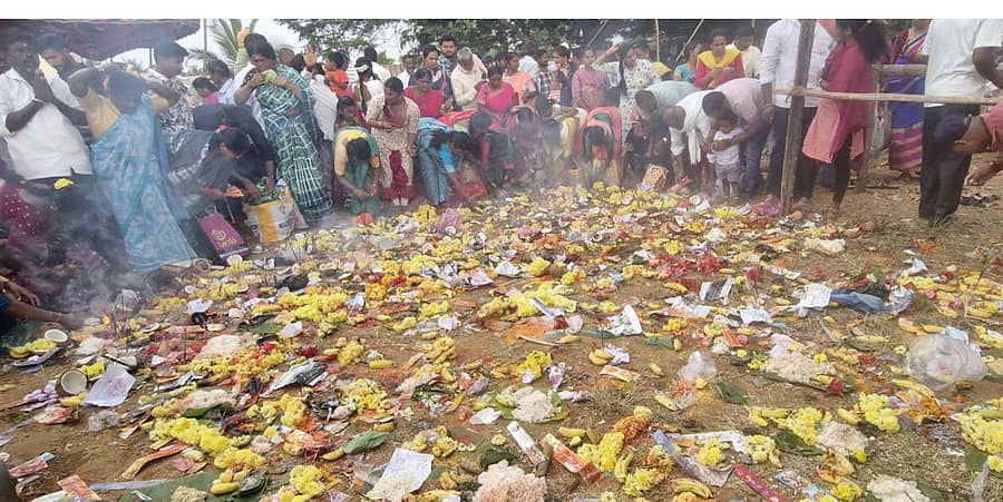 ಕಿಕ್ಕೇರಿ ಹೋಬಳಿಯ ಊಗಿನಹಳ್ಳಿ ಗ್ರಾಮದ ಕಾರೆಮೆಳೆ ಸಿಂಗಮ್ಮ ದೇವಿಯ ಗುಡಿಯ ಹೊರಾಂಗಣದಲ್ಲಿ ದೇವಿಗೆ ಭಕ್ತರು ಪೂಜಿಸುತ್ತಿರುವುದು