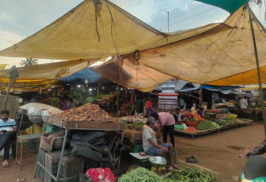 ಶಿರಸಿಯ ಬಿಡ್ಕಿ ಬಯಲಿನ ತಾತ್ಕಾಲಿಕ ತರಕಾರಿ ಮಾರುಕಟ್ಟೆಯಲ್ಲಿ ತರಕಾರಿ ವ್ಯಾಪಾರಿಯೋರ್ವ ನೆರಳಿಗಾಗಿ ತಾಡಪತ್ರಿ ಕಟ್ಟಿಕೊಂಡು ವ್ಯಾಪಾರ ನಡೆಸುತ್ತಿರುವುದು 
