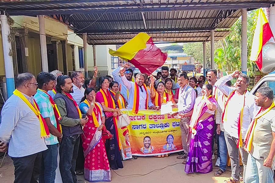 ಸಾಗರದಲ್ಲಿ ಕರ್ನಾಟಕ ರಕ್ಷಣಾ ವೇದಿಕೆ (ನಾರಾಯಣ ಗೌಡ ಬಣ)ಯ ಕಾರ್ಯಕರ್ತರು ನಗರ ಹಾಗೂ ಗ್ರಾಮೀಣ ಪ್ರದೇಶಗಳ ಅಂಗಡಿ ಮುಂಗಟ್ಟುಗಳ ನಾಮಫಲಕವನ್ನು ಕನ್ನಡದಲ್ಲೆ ಅಳವಡಿಸಬೇಕು ಎಂದು ಒತ್ತಾಯಿಸಿ ಶುಕ್ರವಾರ ಪ್ರತಿಭಟನೆ ನಡೆಸಿದರು.