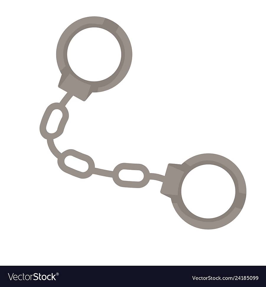 Imprisonment police handcuffs on chain arrest and justice isolated vector object metal bracelet for criminals or suspect guilty prisoner device or accessory with lock and key legal punishment tool.